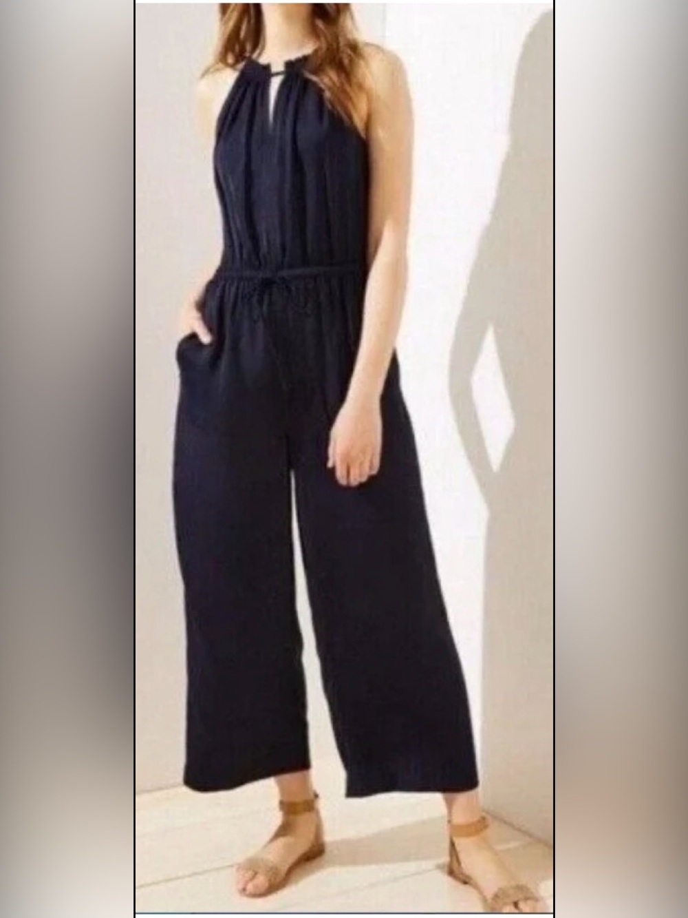 LOFT Navy Blue Silky Halter Jumpsuit